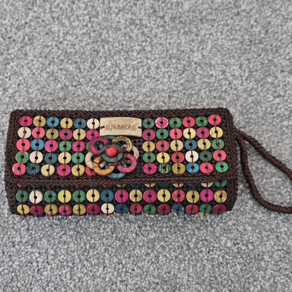 JAMAICA zippers BEADED snap closure WALLET w/ WRISTLET